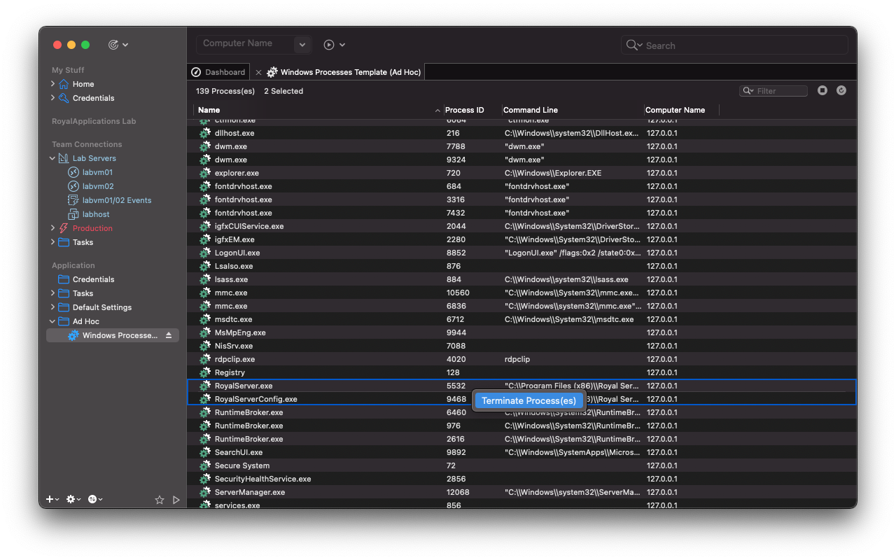 Windows Processes: Terminate multiple processes